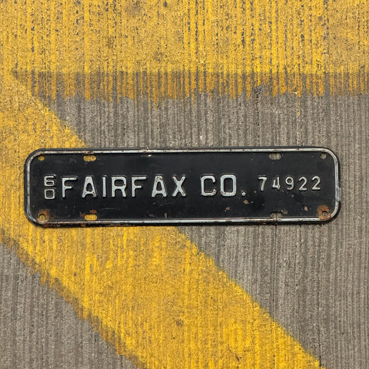 Photo of a 1960 Virginia Tax Strip License Plate Auto Tag Garage Decor Vintage Fairfax County 74922 with original patina