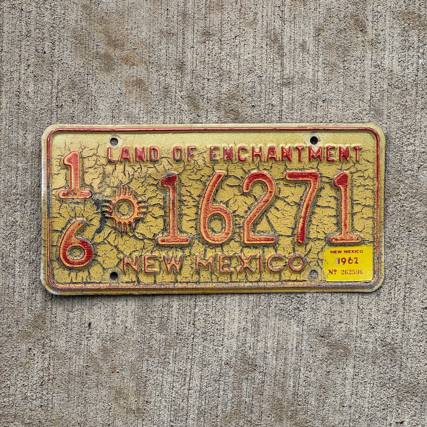 Photo of a 1961 1962 New Mexico License Plate Auto Tag Garage Decor Vintage 16 16271 with original patina