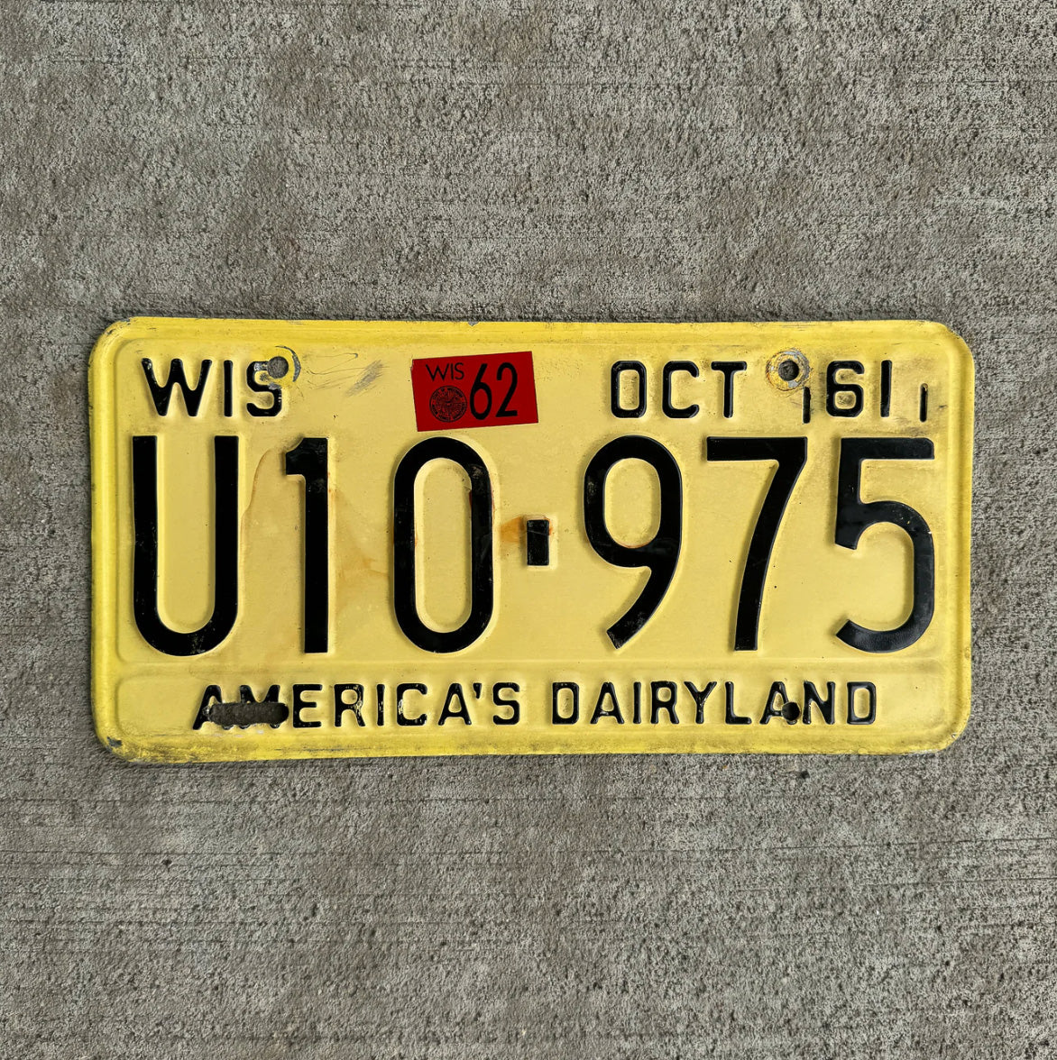 Photo of a 1961 1962 Wisconsin License Plate Auto Tag Garage Decor Vintage U 10 975 with original patina