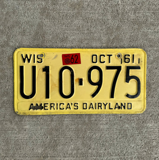 Photo of a 1961 1962 Wisconsin License Plate Auto Tag Garage Decor Vintage U 10 975 with original patina