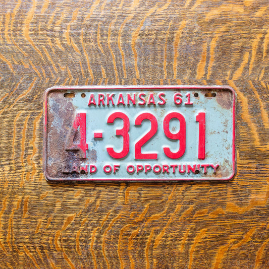 Photo of a 1961 Arkansas License Plate Auto Tag Garage Decor Vintage 4 3291 with original patina