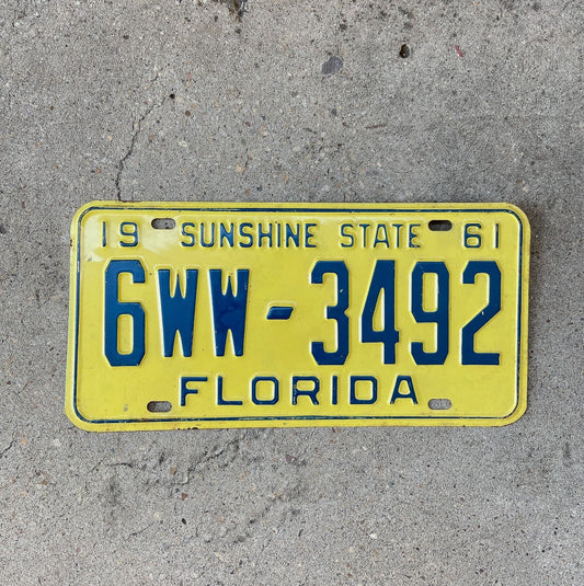 Photo of a 1961 Florida License Plate Auto Tag Garage Decor Vintage Palm Beach 6 WW 3492 with original patina