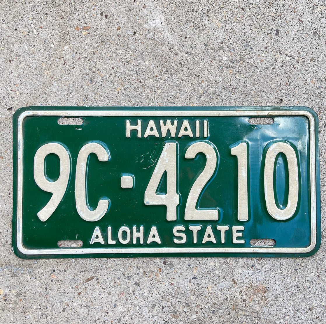 Photo of a 1961 Hawaii License Plate Auto Tag Garage Decor Vintage Tiki Bar Decor Honolulu 9C 4210 with original patina