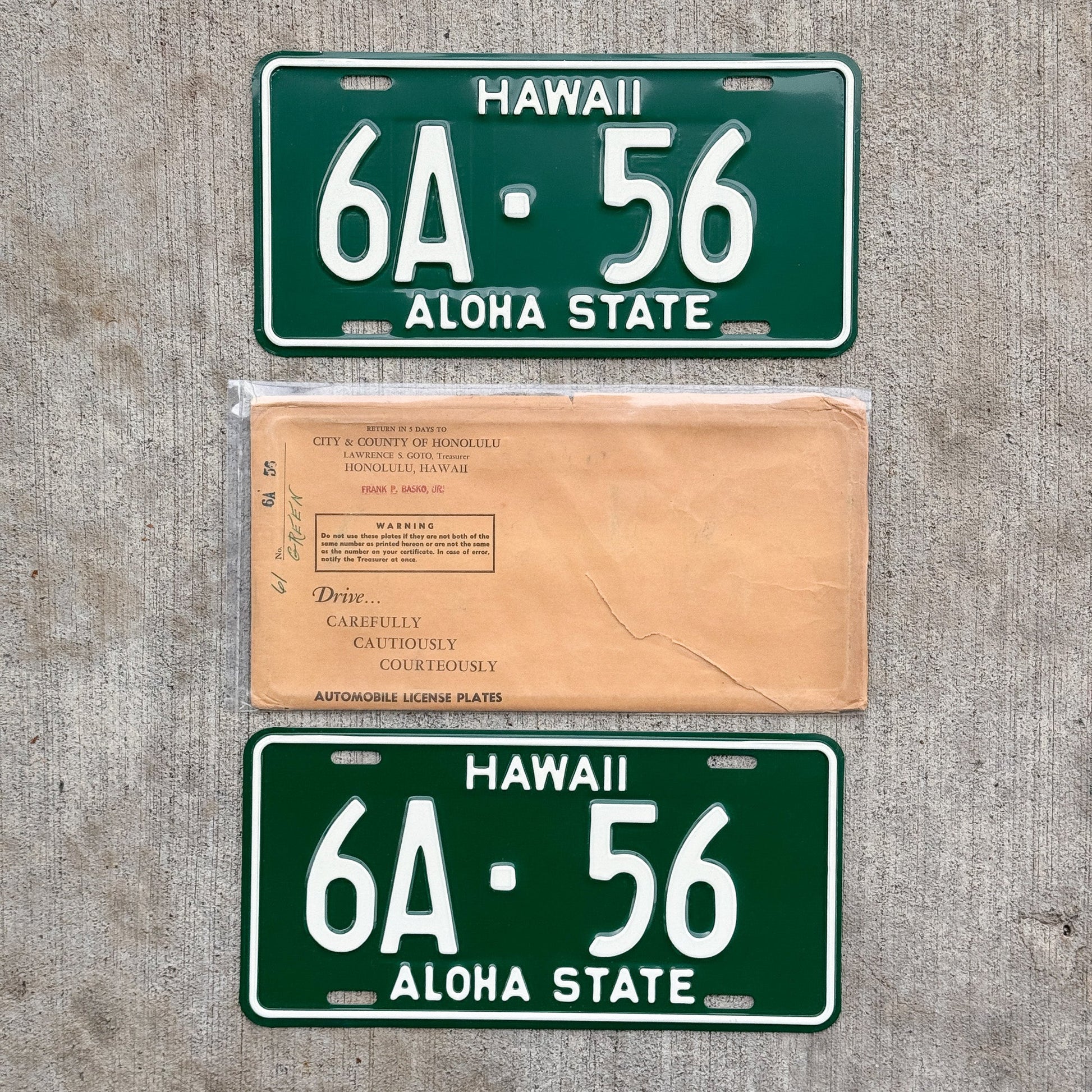 Photo of a 1961 Hawaii License Plate Pair Auto Tag Garage Decor Vintage New Old Stock Honolulu 6A 56 with original patina
