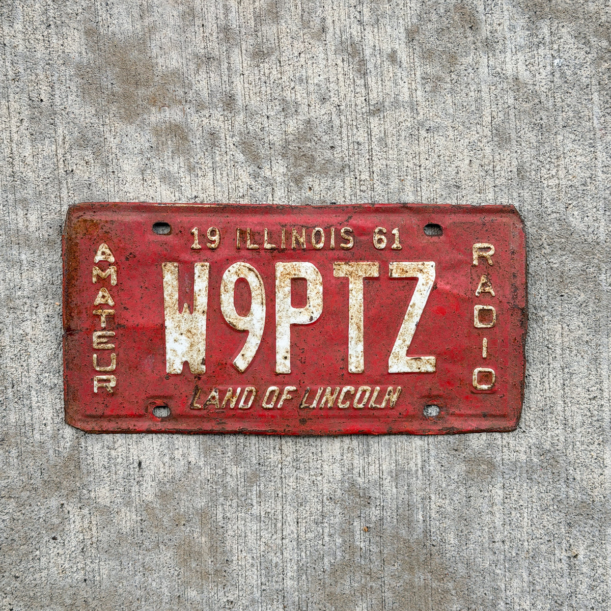Photo of a 1961 Illinois Amateur Radio License Plate Auto Tag Garage Decor Vintage W9PTZ with original patina