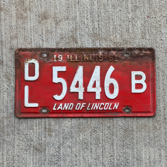 Photo of a 1961 Illinois Dealer License Plate Auto Tag Garage Decor Vintage 5446 B with original patina