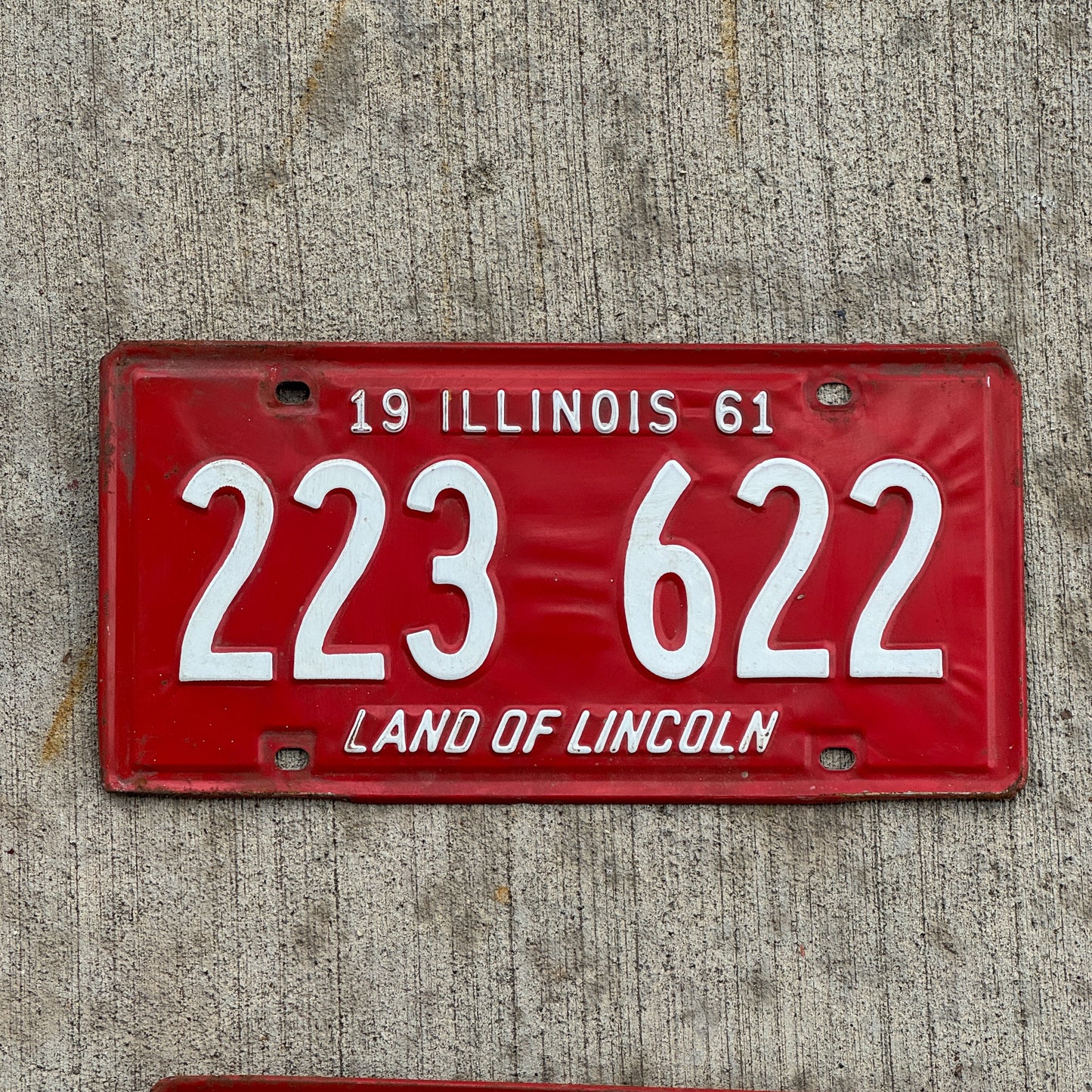 Photo of a 1961 Illinois License Plate Auto Tag 2 Vintage Garage 223 622 with original patina