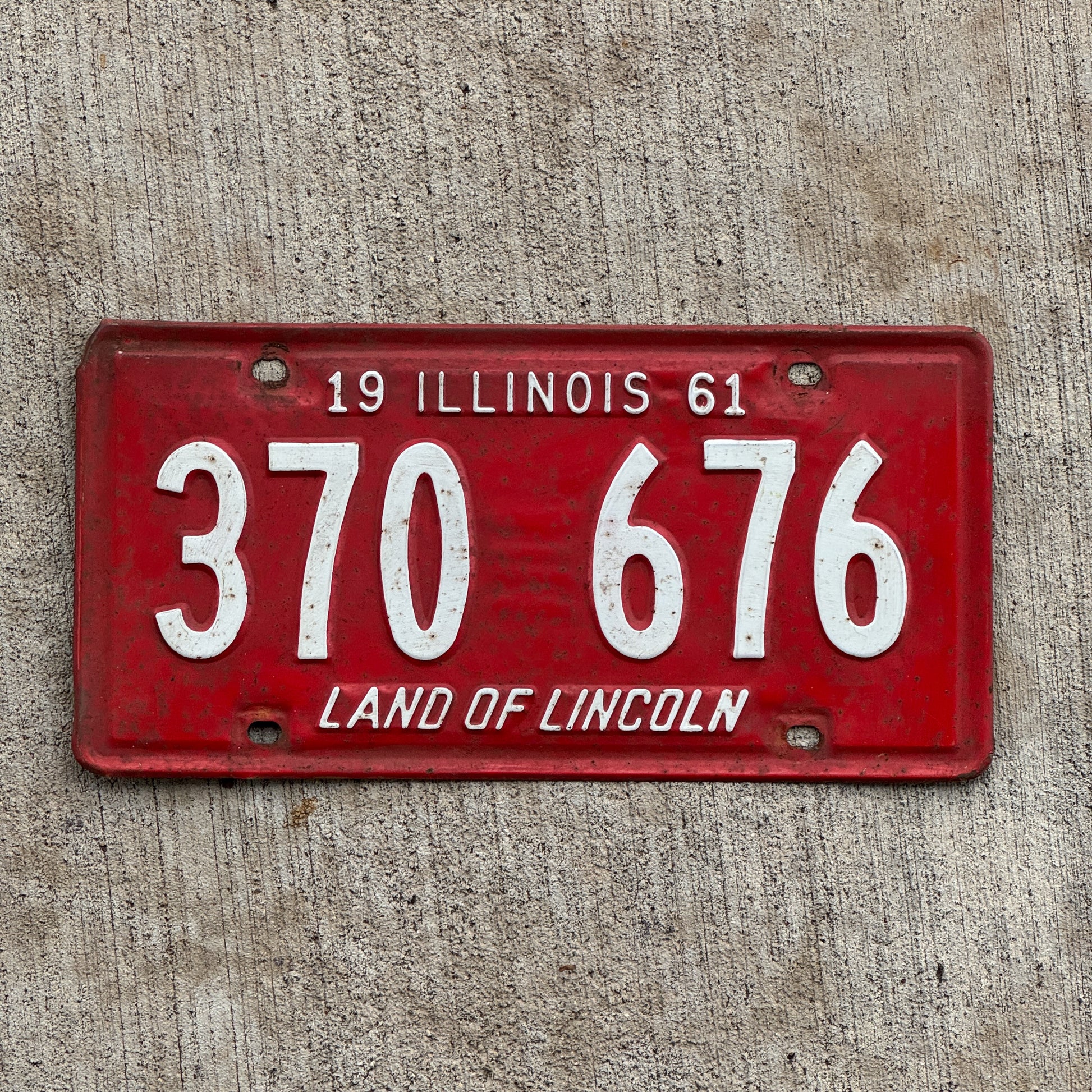 Photo of a 1961 Illinois License Plate Auto Tag 2 Vintage Garage 370 676 with original patina