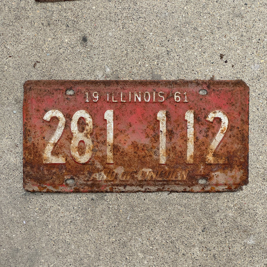 Photo of a 1961 Illinois License Plate Auto Tag Garage Decor Vintage 281 112 with original patina