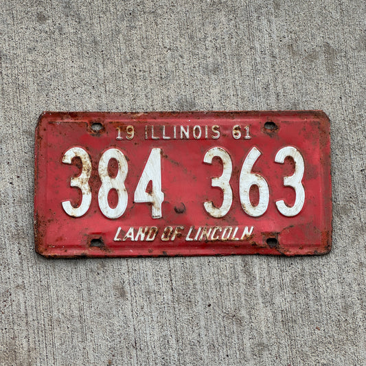 Photo of a 1961 Illinois License Plate Auto Tag Garage Decor Vintage 384 363 with original patina