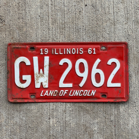 Photo of a 1961 Illinois License Plate Auto Tag Garage Decor Vintage GW 2962 with original patina