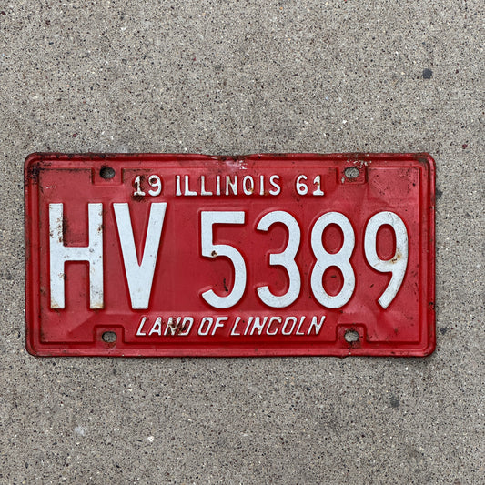 Photo of a 1961 Illinois License Plate Auto Tag Garage Decor Vintage HV 5389 with original patina