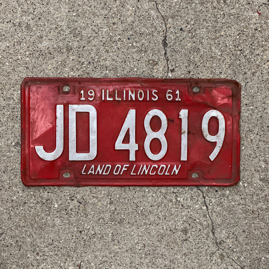 Photo of a 1961 Illinois License Plate Auto Tag Garage Decor Vintage JD 4819 with original patina