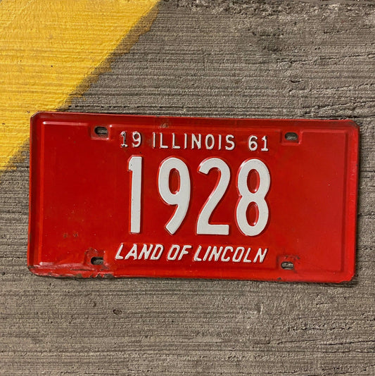 Photo of a 1961 Illinois License Plate Auto Tag Garage Decor Vintage Low Number Four Digit 1928 with original patina