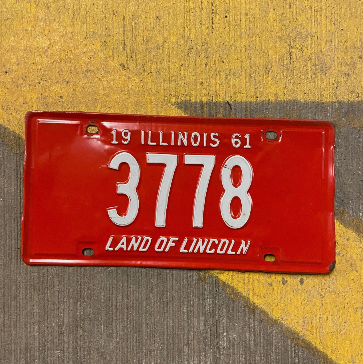 Photo of a 1961 Illinois License Plate Auto Tag Garage Decor Vintage Low Number Four Digit 3778 with original patina