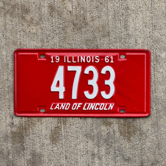 Photo of a 1961 Illinois License Plate Auto Tag Garage Decor Vintage Low Number Four Digit 4733 with original patina