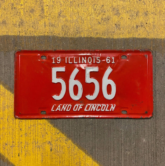 Photo of a 1961 Illinois License Plate Auto Tag Garage Decor Vintage Low Number Four Digit 5656 with original patina