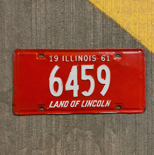 Photo of a 1961 Illinois License Plate Auto Tag Garage Decor Vintage Low Number Four Digit 6459 with original patina