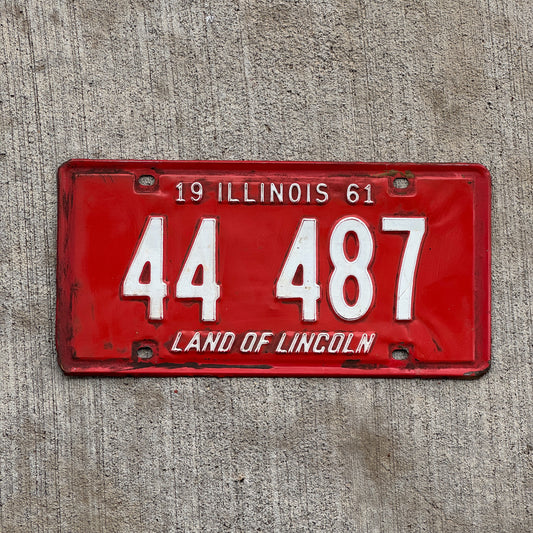 Photo of a 1961 Illinois License Plate Auto Tag Garage Decor Vintage Repeat Repeating 44 487 with original patina