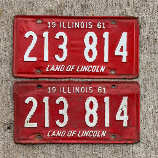 Photo of a 1961 Illinois License Plate Pair Auto Tag Garage Decor Vintage 213 814 with original patina