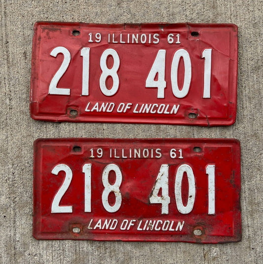 Photo of a 1961 Illinois License Plate Pair Auto Tag Garage Decor Vintage 218401 with original patina