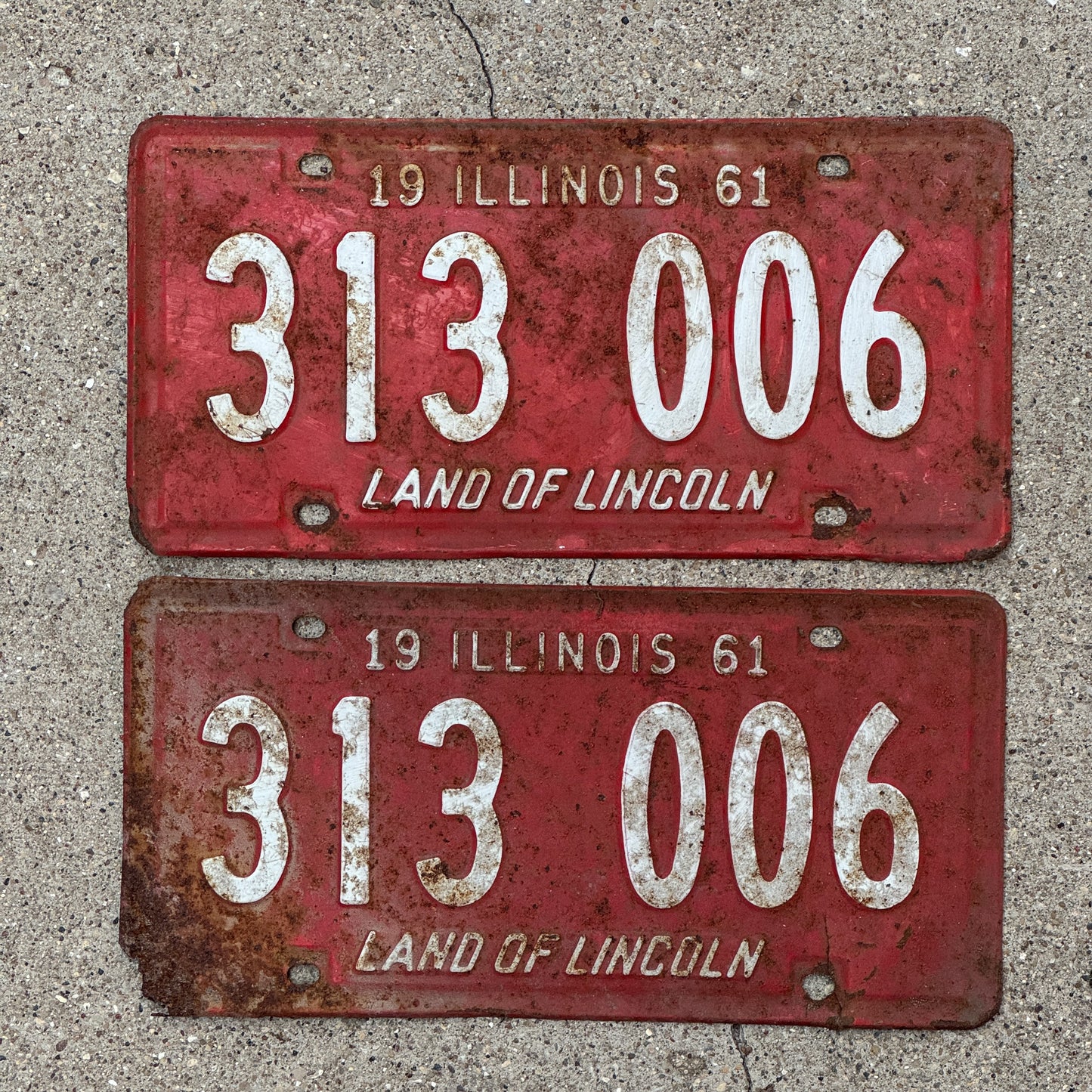 Photo of a 1961 Illinois License Plate Pair Auto Tag Garage Decor Vintage 313 006 with original patina