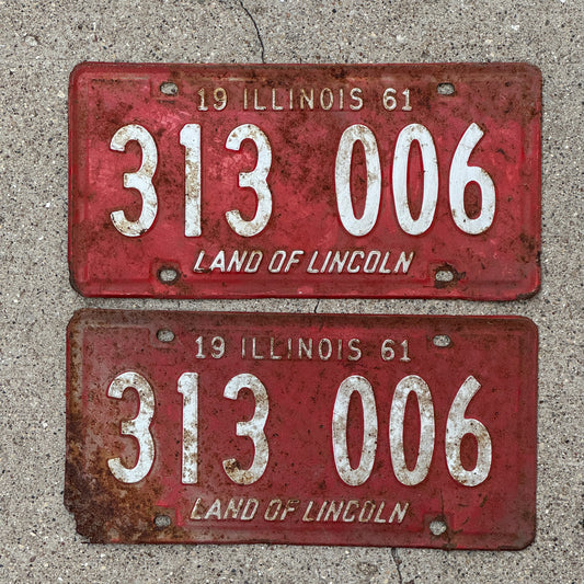 Photo of a 1961 Illinois License Plate Pair Auto Tag Garage Decor Vintage 313 006 with original patina