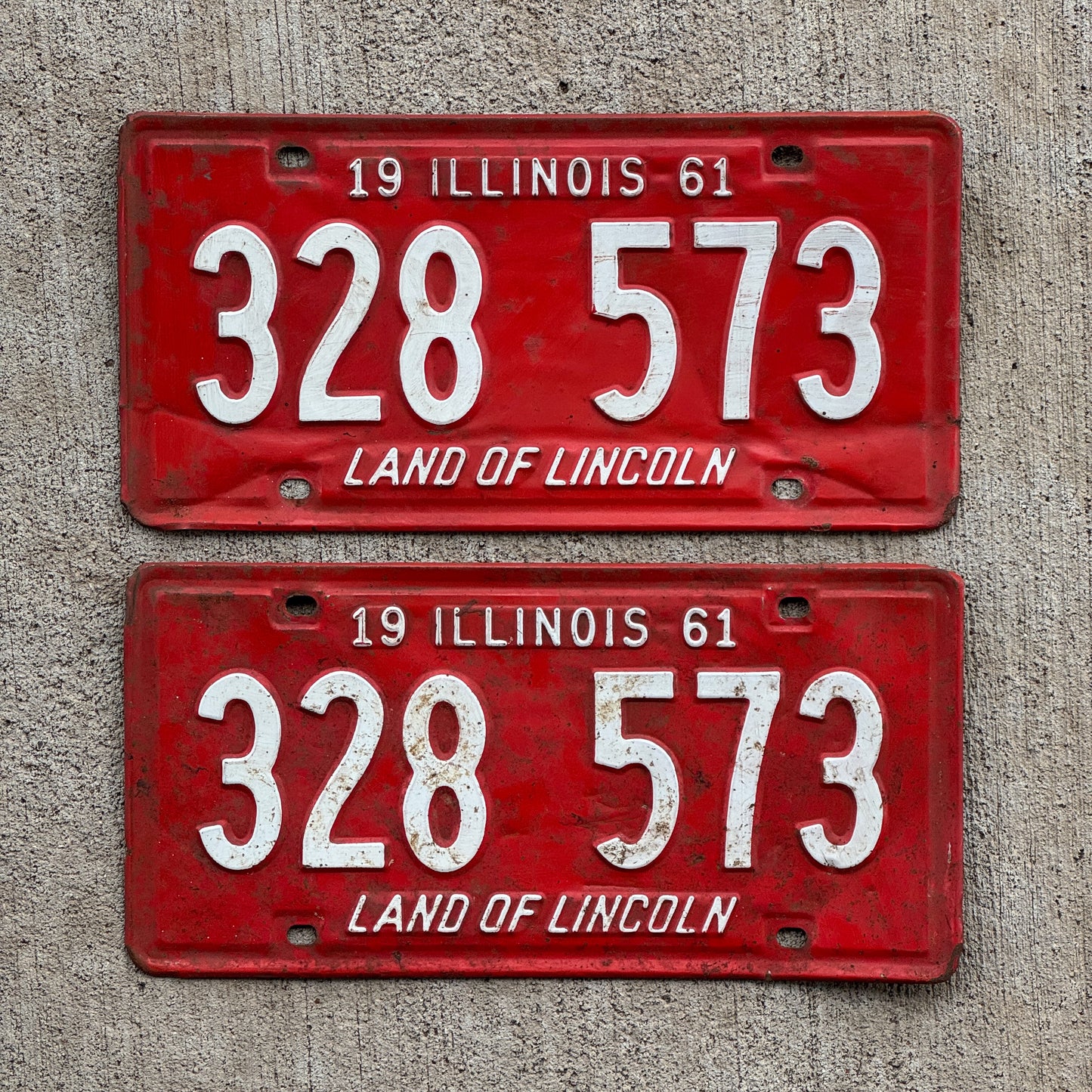 Photo of a 1961 Illinois License Plate Pair Auto Tag Garage Decor Vintage 328 573 with original patina