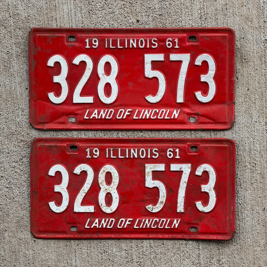 Photo of a 1961 Illinois License Plate Pair Auto Tag Garage Decor Vintage 328 573 with original patina