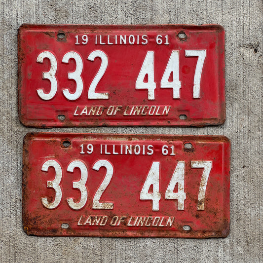 Photo of a 1961 Illinois License Plate Pair Auto Tag Garage Decor Vintage 332 447 with original patina