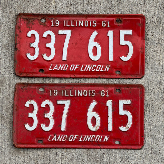 Photo of a 1961 Illinois License Plate Pair Auto Tag Garage Decor Vintage 337 615 with original patina