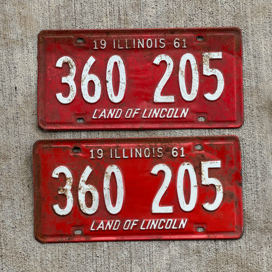 Photo of a 1961 Illinois License Plate Pair Auto Tag Garage Decor Vintage 360 205 with original patina