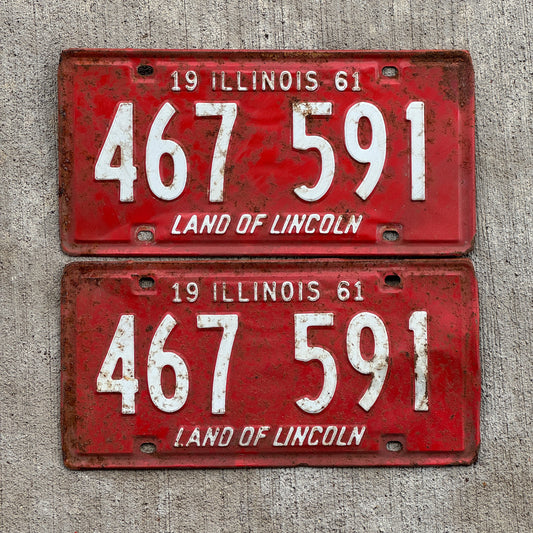 Photo of a 1961 Illinois License Plate Pair Auto Tag Garage Decor Vintage 467 591 with original patina