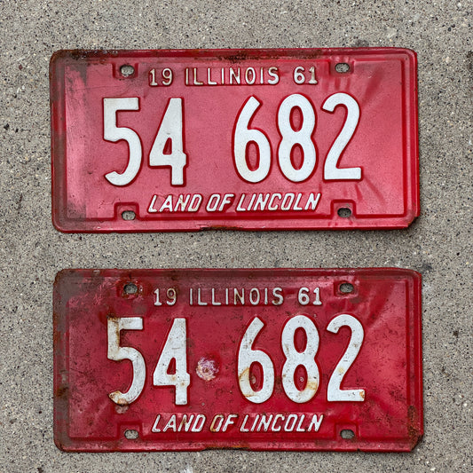Photo of a 1961 Illinois License Plate Pair Auto Tag Garage Decor Vintage 54 682 with original patina