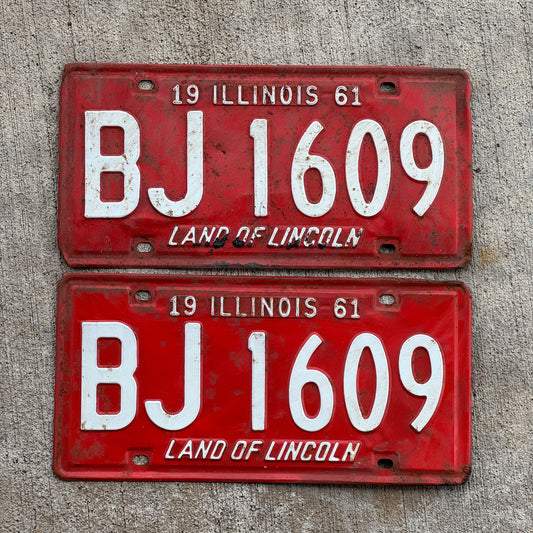 Photo of a 1961 Illinois License Plate Pair Auto Tag Garage Decor Vintage BJ 1609 with original patina