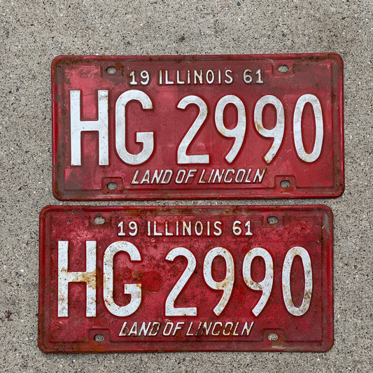 Photo of a 1961 Illinois License Plate Pair Auto Tag Garage Decor Vintage HG 2990 with original patina