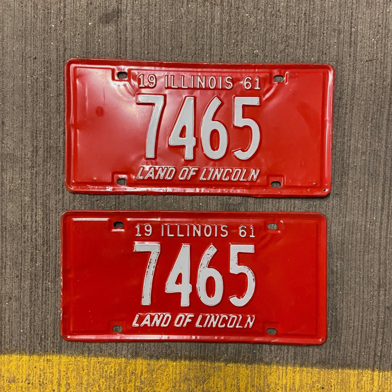 Photo of a 1961 Illinois License Plate Pair Auto Tag Garage Decor Vintage Low Number Four Digit 7465 with original patina