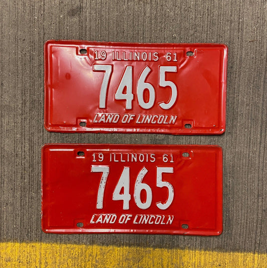 Photo of a 1961 Illinois License Plate Pair Auto Tag Garage Decor Vintage Low Number Four Digit 7465 with original patina