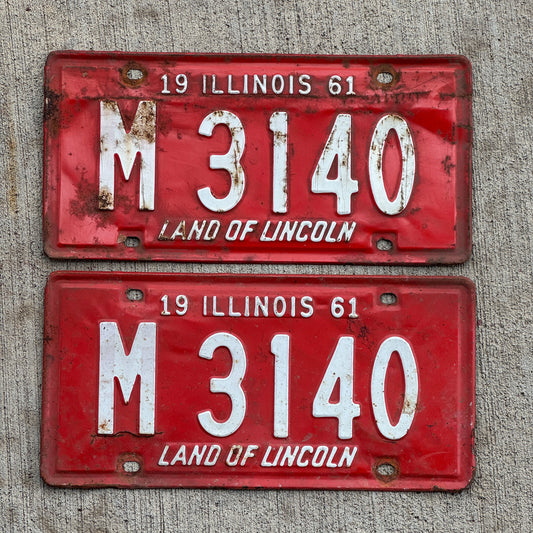 Photo of a 1961 Illinois Municipal License Plate Pair Auto Tag Garage Decor Vintage M 3140 with original patina