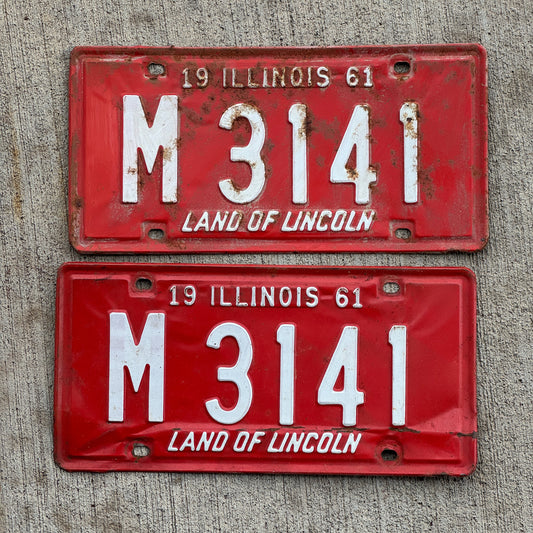 Photo of a 1961 Illinois Municipal License Plate Pair Auto Tag Garage Decor Vintage M 3141 with original patina