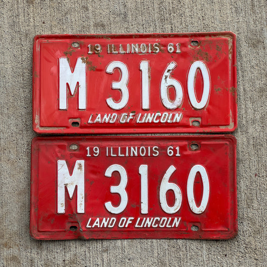 Photo of a 1961 Illinois Municipal License Plate Pair Auto Tag Garage Decor Vintage M 3160 with original patina