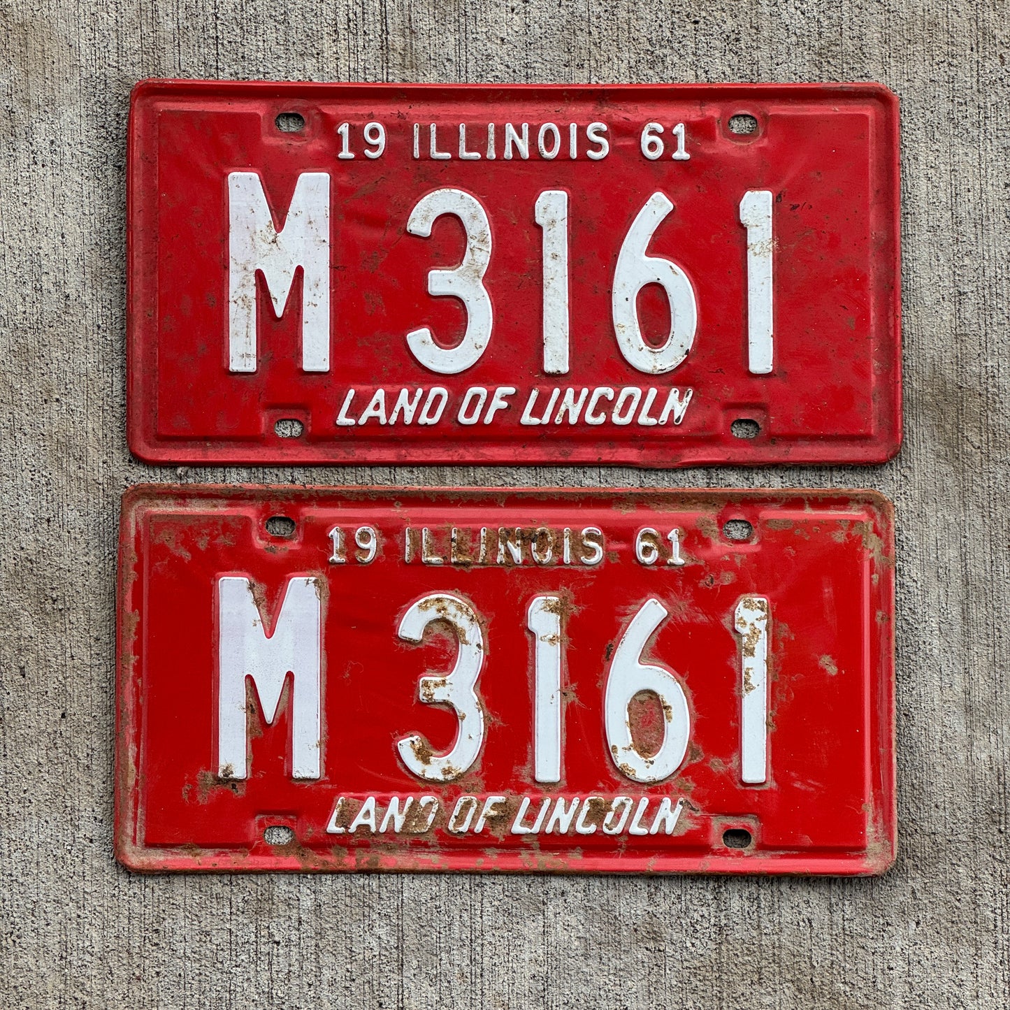 Photo of a 1961 Illinois Municipal License Plate Pair Auto Tag Garage Decor Vintage M 3161 with original patina