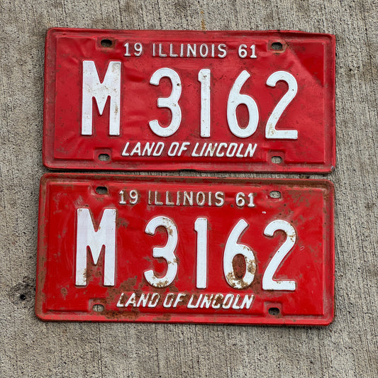 Photo of a 1961 Illinois Municipal License Plate Pair Auto Tag Garage Decor Vintage M 3162 with original patina