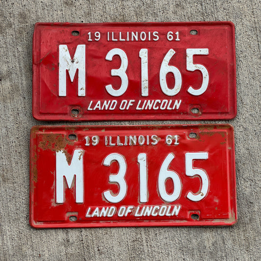Photo of a 1961 Illinois Municipal License Plate Pair Auto Tag Garage Decor Vintage M 3165 with original patina