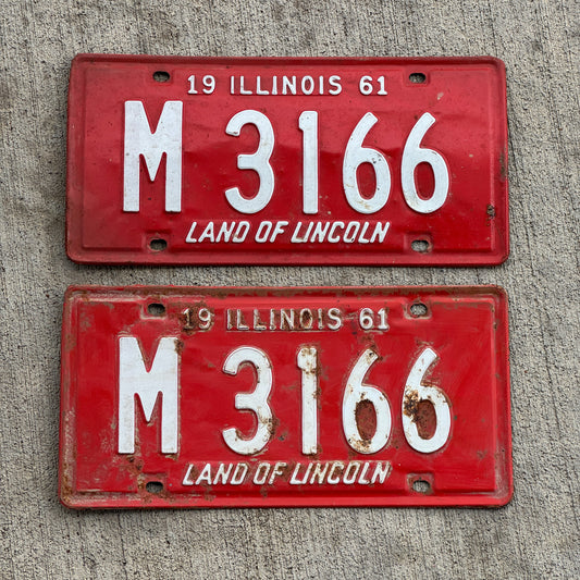 Photo of a 1961 Illinois Municipal License Plate Pair Auto Tag Garage Decor Vintage M 3166 with original patina