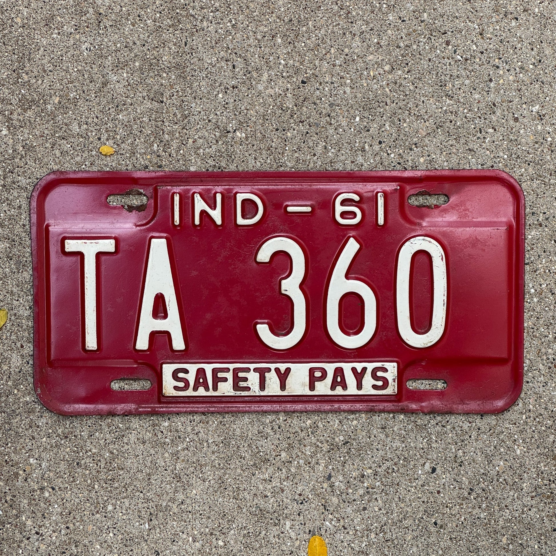 Photo of a 1961 Indiana License Plate Auto Tag Garage Decor Vintage TA 360 with original patina