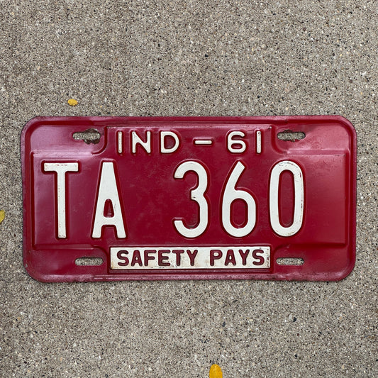 Photo of a 1961 Indiana License Plate Auto Tag Garage Decor Vintage TA 360 with original patina