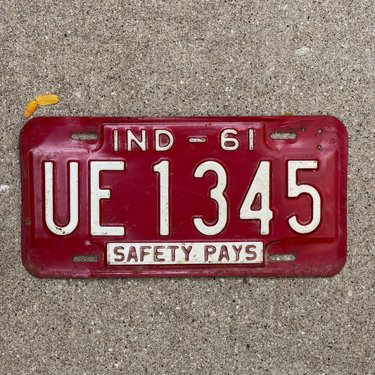 Photo of a 1961 Indiana License Plate Auto Tag Garage Decor Vintage UE 1345 with original patina