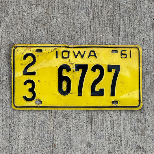 Photo of a 1961 Iowa License Plate Auto Tag Garage Decor Vintage 23 6727 with original patina