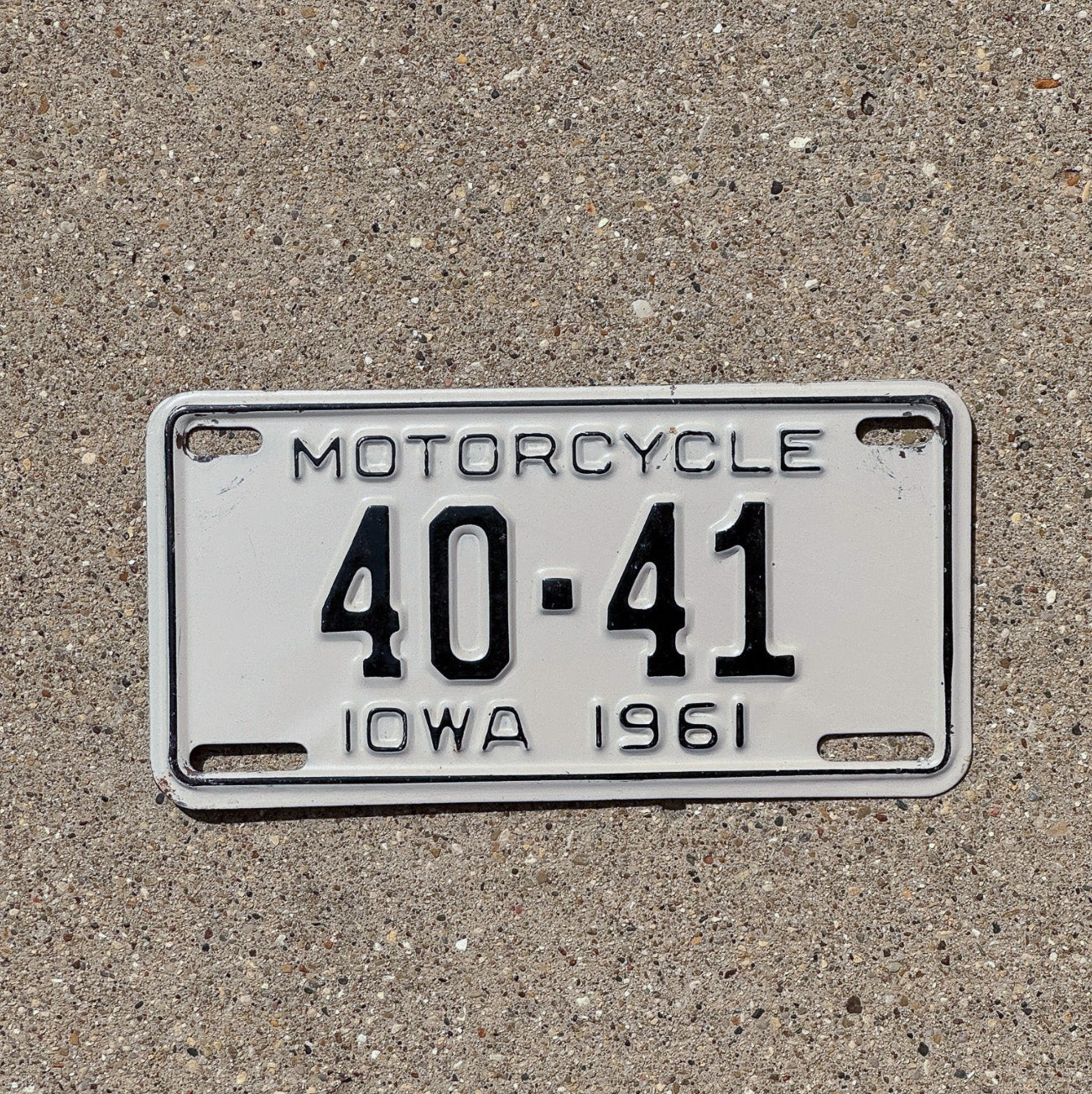 Photo of a 1961 Iowa Motorcycle License Plate Auto Tag Garage Decor Low Number Two Digit Hamilton County 40 41 with original patina